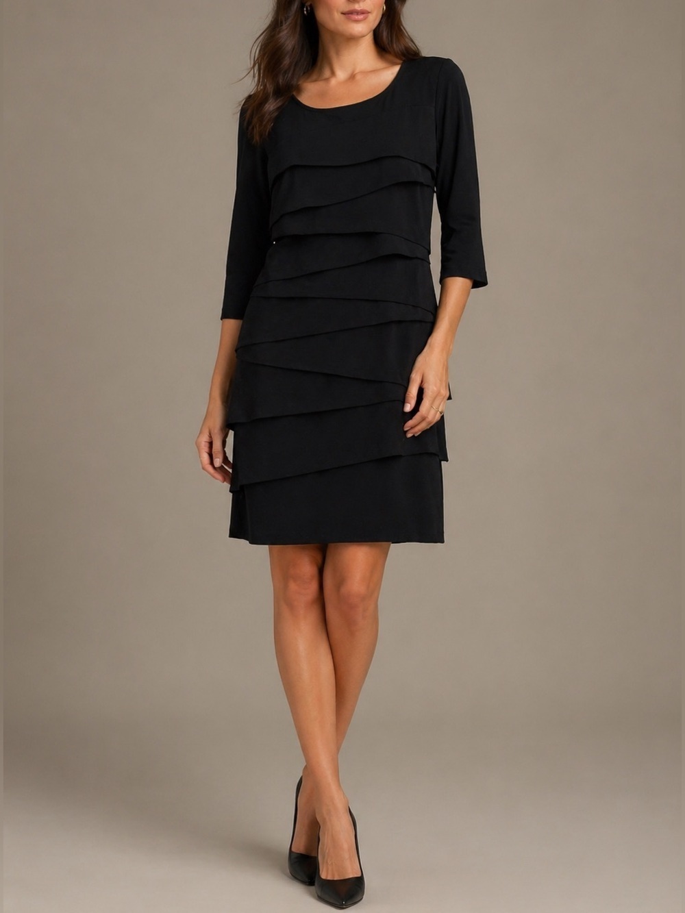 White House Black Market Black Tiered Ruffle Sheath Dress Scoop Neck 3/4 Sleeve